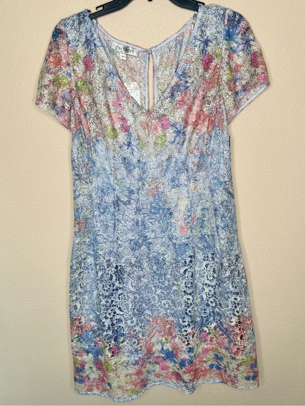 NWT Kay Unger lace and sequence multi colored dress size 12
